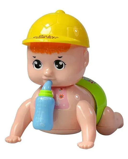 Crawling baby toy with yellow helmet and blue bottle, kids toys online