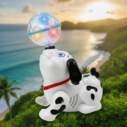 Dancing dog toy with LED light ball on nose, set against a scenic beach background