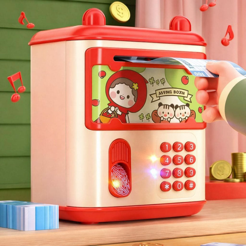 A children's toy credit card money box with a red and cream-colored body, cartoon graphics on the front, a simulated card slot, and a printed keypad. A child's hand is shown inserting a toy credit card into the slot.