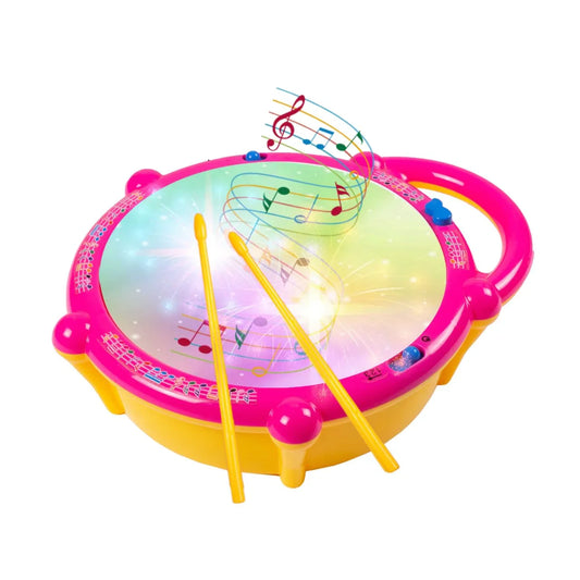 Colorful toy drum with pink rim, yellow sticks, and music notes design for kids