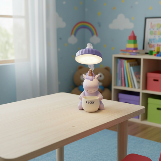 Unicorn-shaped night light with a purple shade on a white background