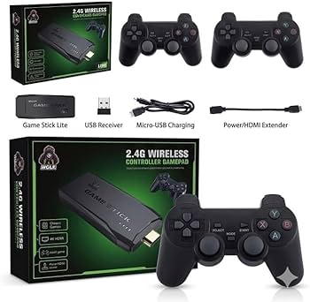 2.4G wireless gamepad controller bundle with its retail packaging, including a black game stick, gamepad, USB receiver, micro-USB charging cable, and HDMI extender on a white background.