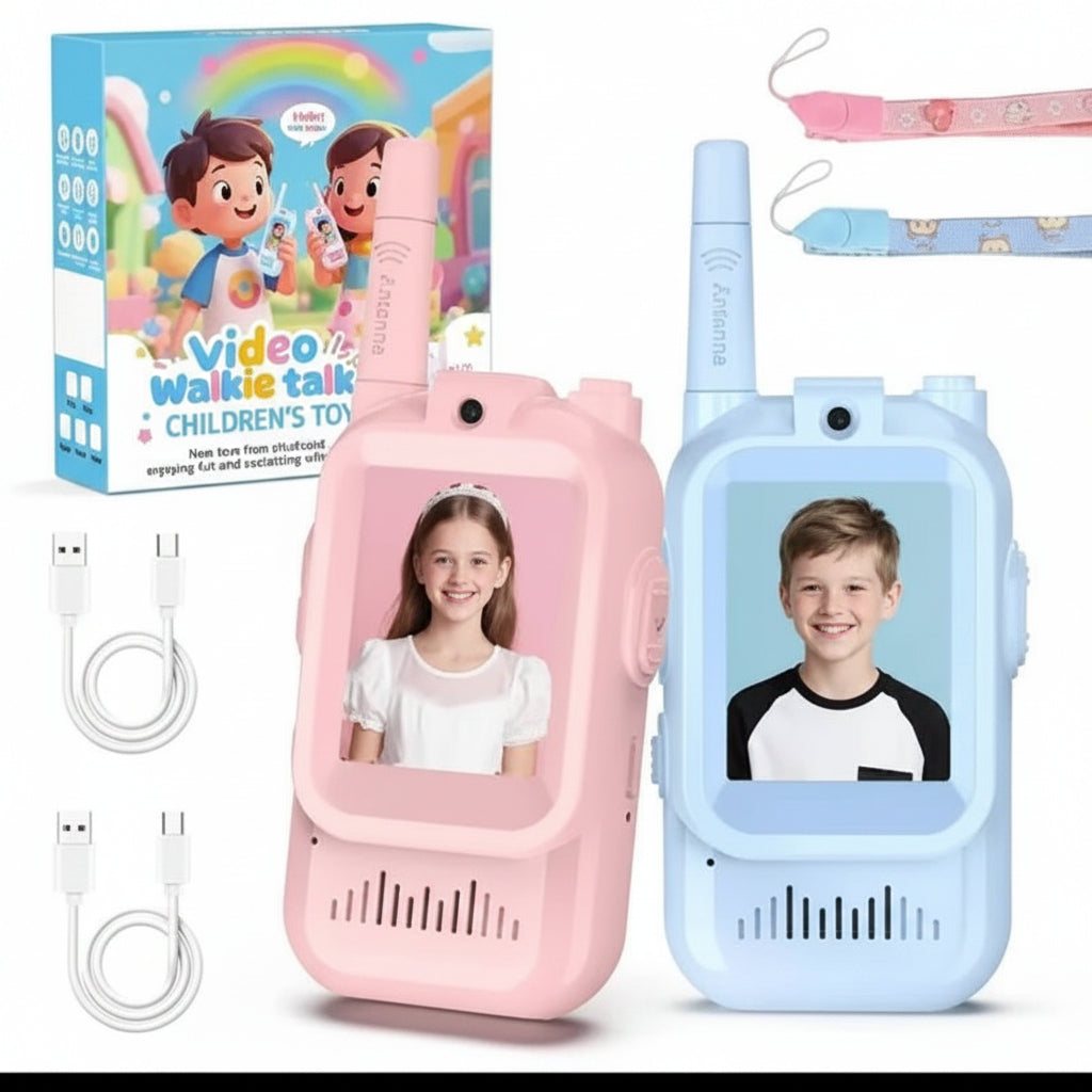 Two children's video walkie-talkie toys, one pink and one light blue, shown with their colorful retail box, charging cables, and a wrist strap on a white background.