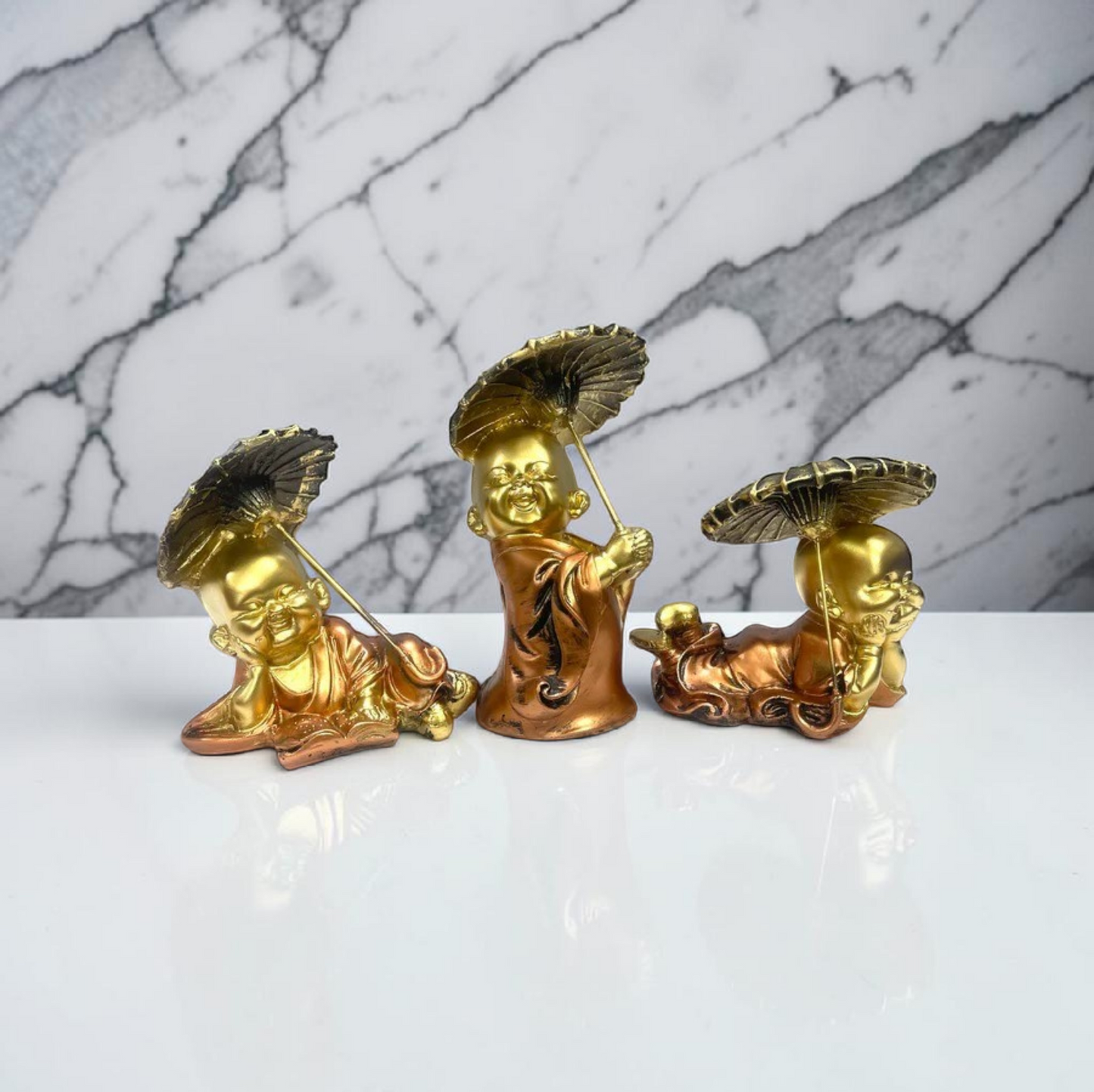Golden Monk Statue Set of 3 with Umbrella