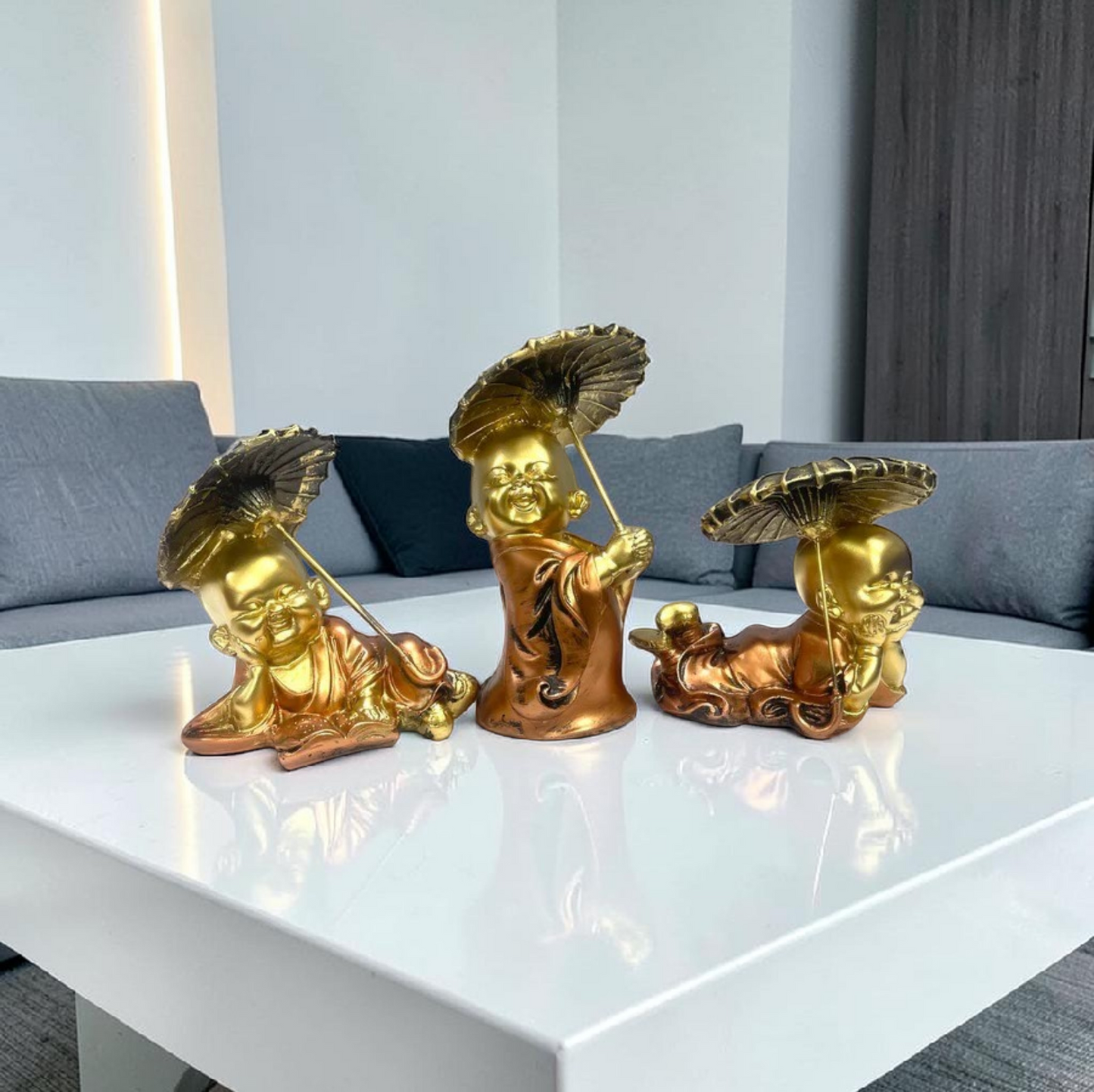 Golden Monk Statue Set of 3 with Umbrella