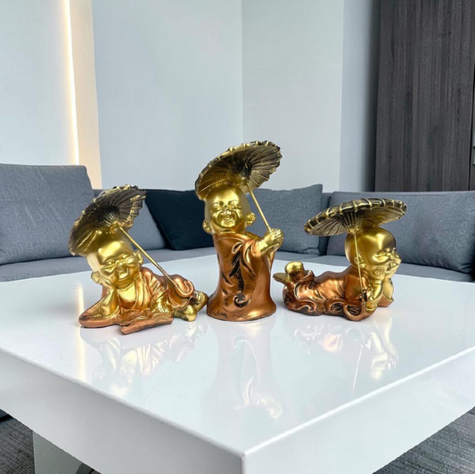 Golden Monk Statue Set of 3 with Umbrella