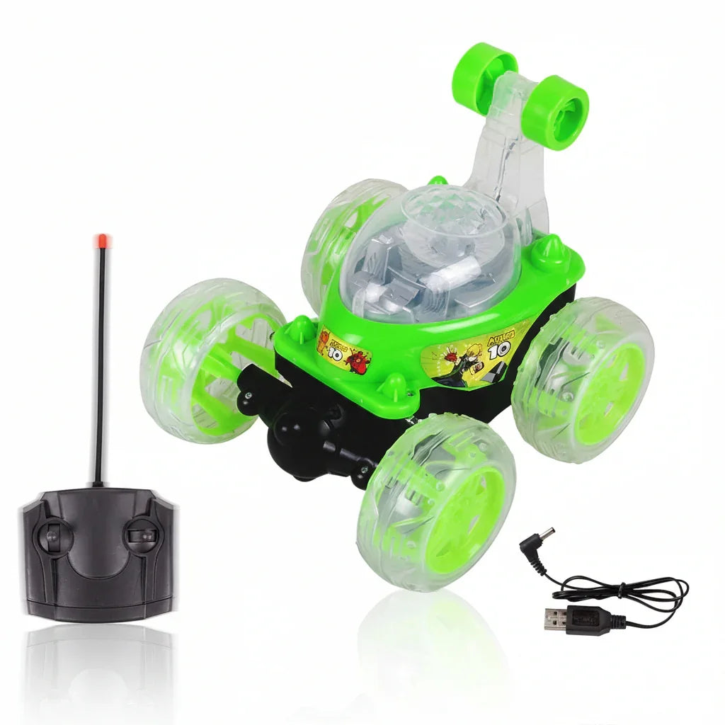 Green remote control stunt car toy with large transparent wheels, controller, and USB charging cable