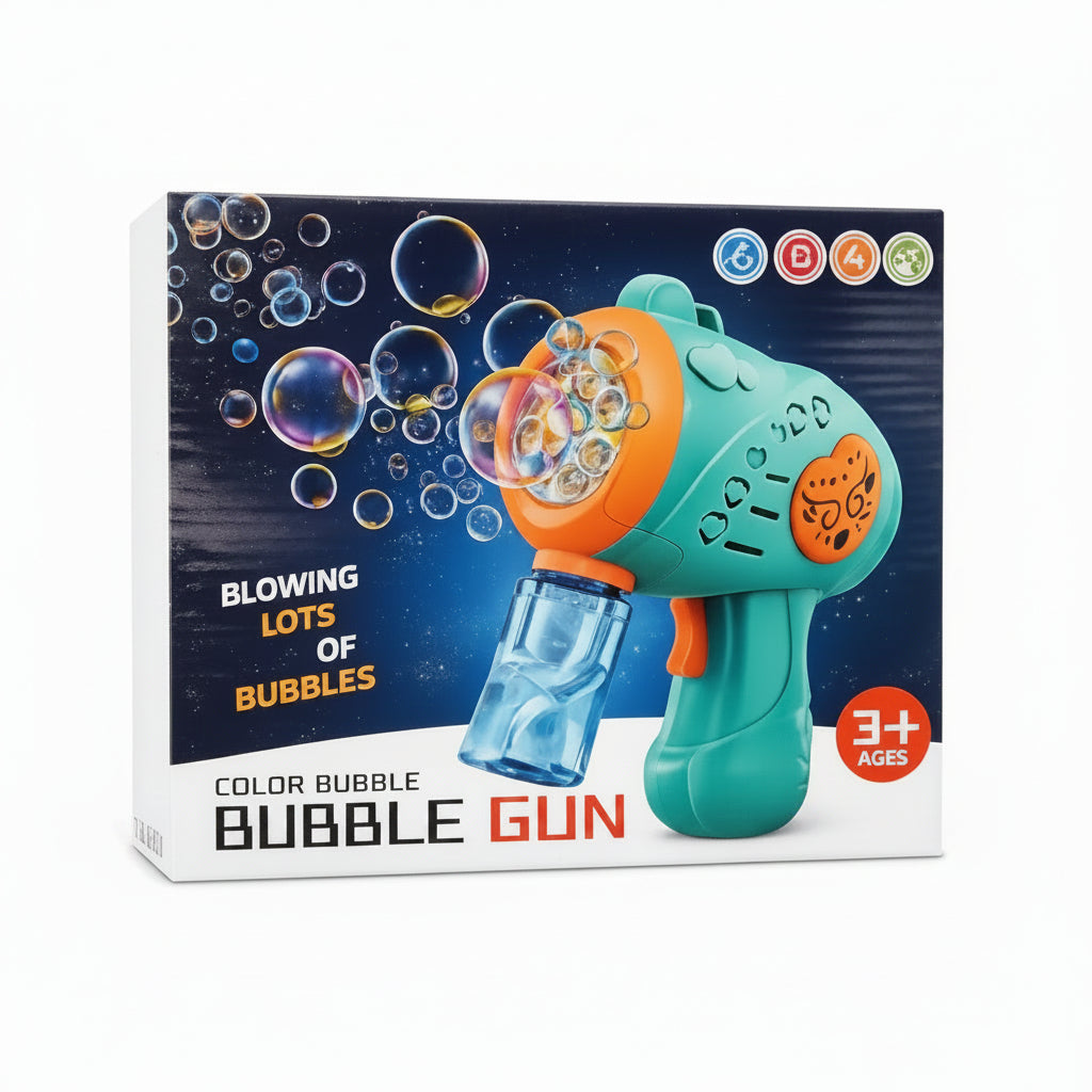 A colorful bubble gun toy shown on its retail box. The box features a dark blue background with floating bubble graphics and text reading 'BLOWING LOTS OF BUBBLES' and 'COLOR BUBBLE GUN.