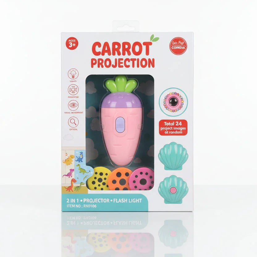 Carrot-shaped projector and flashlight toy in colorful packaging with 24 image reels for kids.