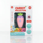 Carrot-shaped projector and flashlight toy in colorful packaging with 24 image reels for kids.