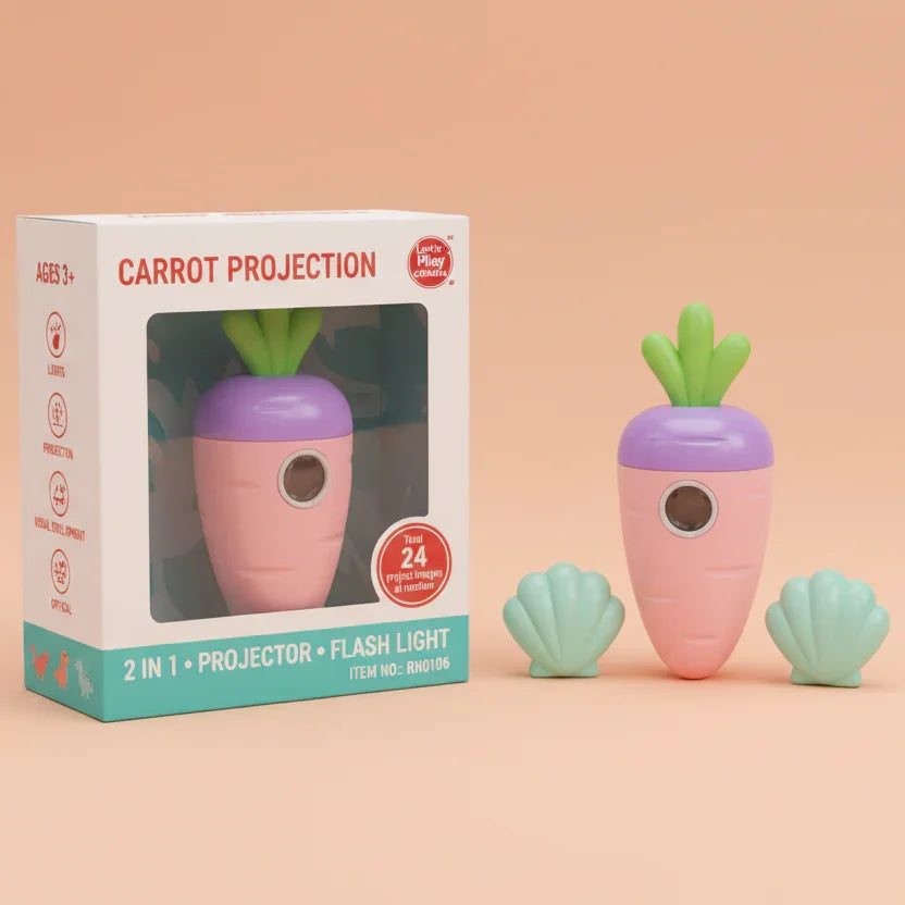 Carrot-shaped kids projector and flashlight toy with packaging and accessories, ideal for gifts.