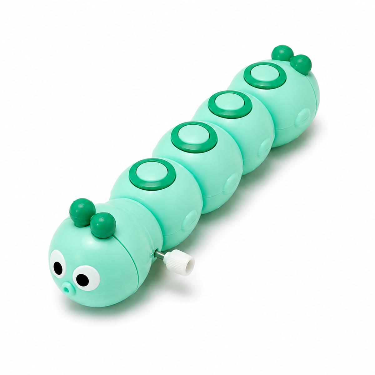 A mint green wind-up caterpillar toy with large cartoon eyes, green antennae, and a white winding handle, photographed on a clean white background.