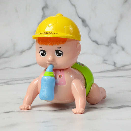 Crawling baby toy with yellow helmet and blue bottle on marble background