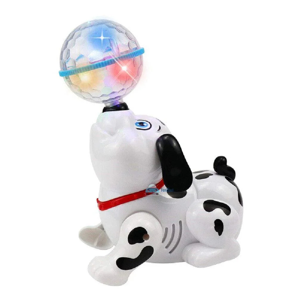 Toy dog with black spots balances a colorful light-up ball on its nose
