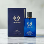 Denver Pride Hamilton blue perfume bottle and box on a light marble surface