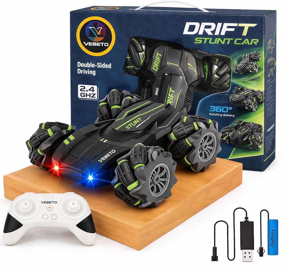 Vebeto Drift stunt car with remote control, battery, and charger on a white background
