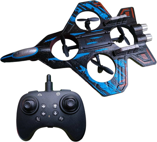 A black and blue futuristic remote-controlled toy drone with three propellers, shown alongside its matching black remote controller on a plain white background.