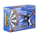 Blue retail packaging box for a toy blaster set, showing a large printed image of a blue and orange soft bullet gun with a dartboard graphic and text including 'Thunder Strike' and 'Blaze Storm'.
