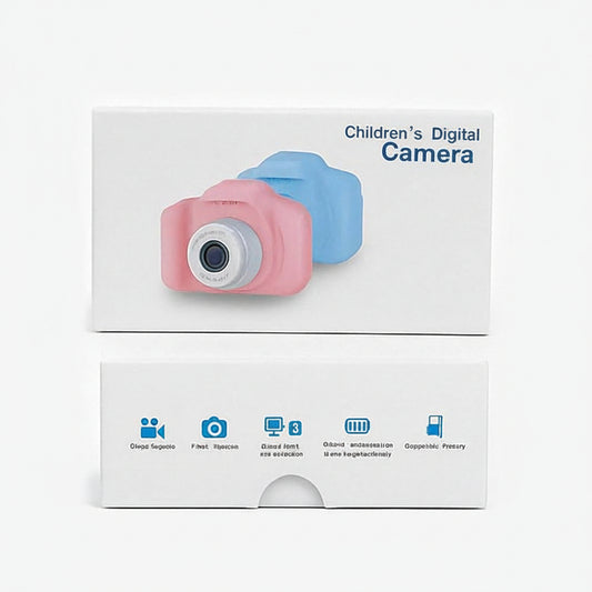 A children's digital camera shown in its retail packaging, with a pink camera and a blue camera pictured on the white box. The lower part of the box includes blue feature icons and text.