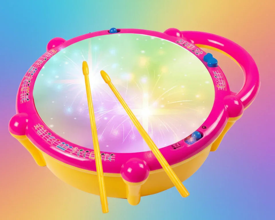 Colorful toy musical drum with pink rim, yellow body, drumsticks, and light-up effects