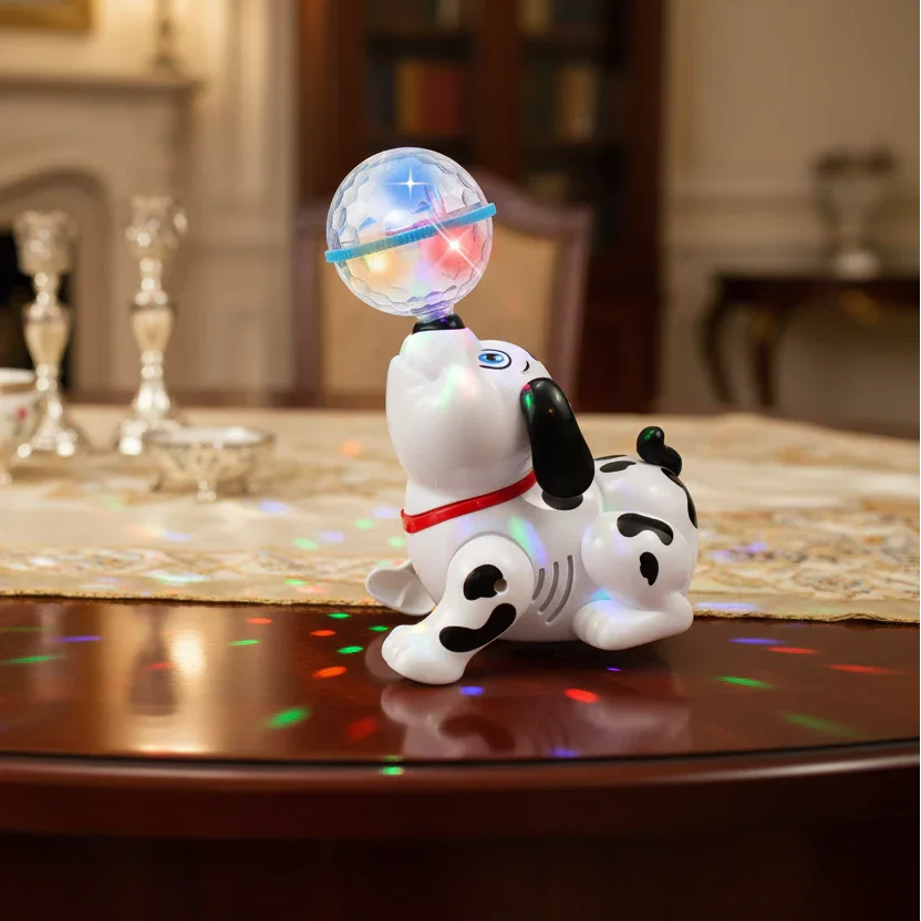 Musical dancing dog toy with colorful LED lights on a table indoors