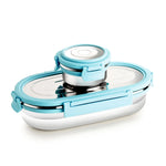 Stainless steel lunch box set with blue lids and secure clips, ideal for school or office meals