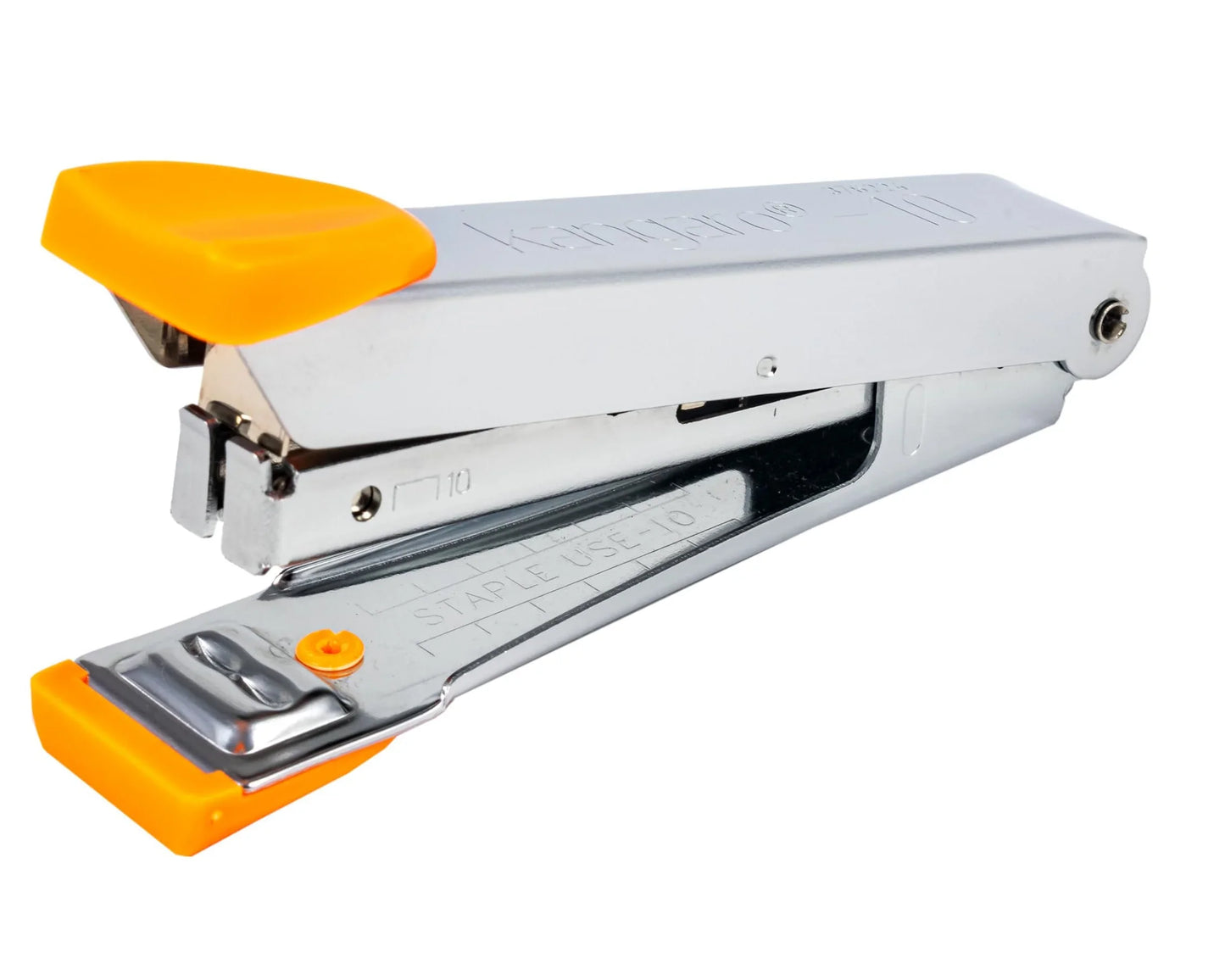 Metal stationery stapler with orange accents, desk accessory for school or office use