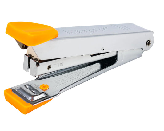 Metal stationery stapler with orange accents, desk accessory for school or office use