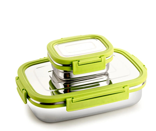 Stainless steel lunch boxes with green lids, stackable, food storage containers