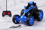 Blue and black stunt remote control car with controller and USB charging cable on marble surface