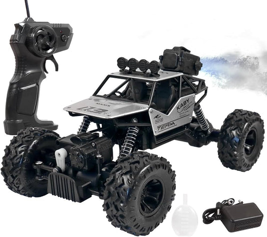 Remote control monster truck with detailed design and accessories on a white background