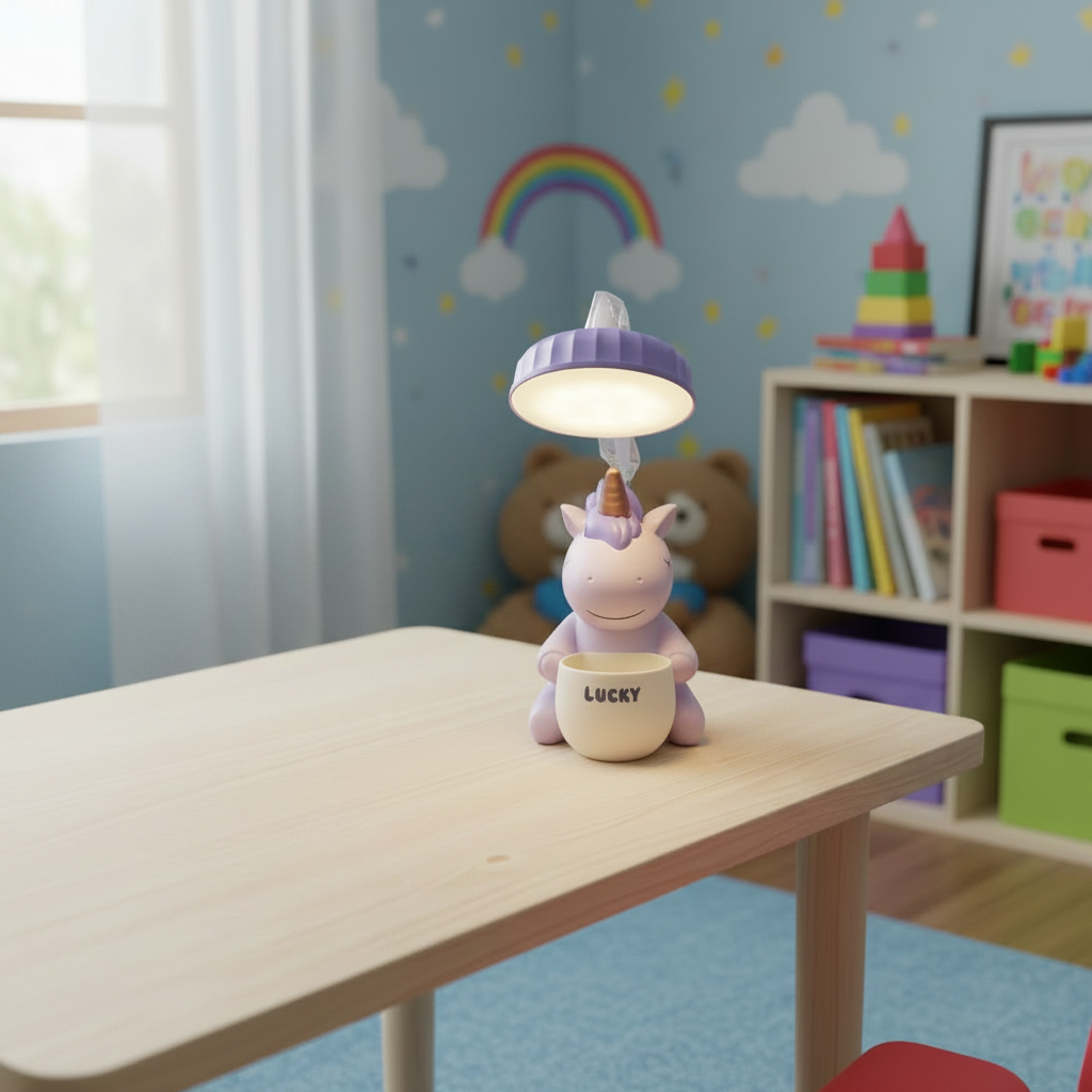 Unicorn-shaped night light with a purple shade on a white background