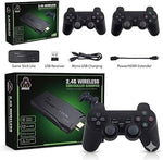 2.4G wireless gamepad controller bundle with its retail packaging, including a black game stick, gamepad, USB receiver, micro-USB charging cable, and HDMI extender on a white background.