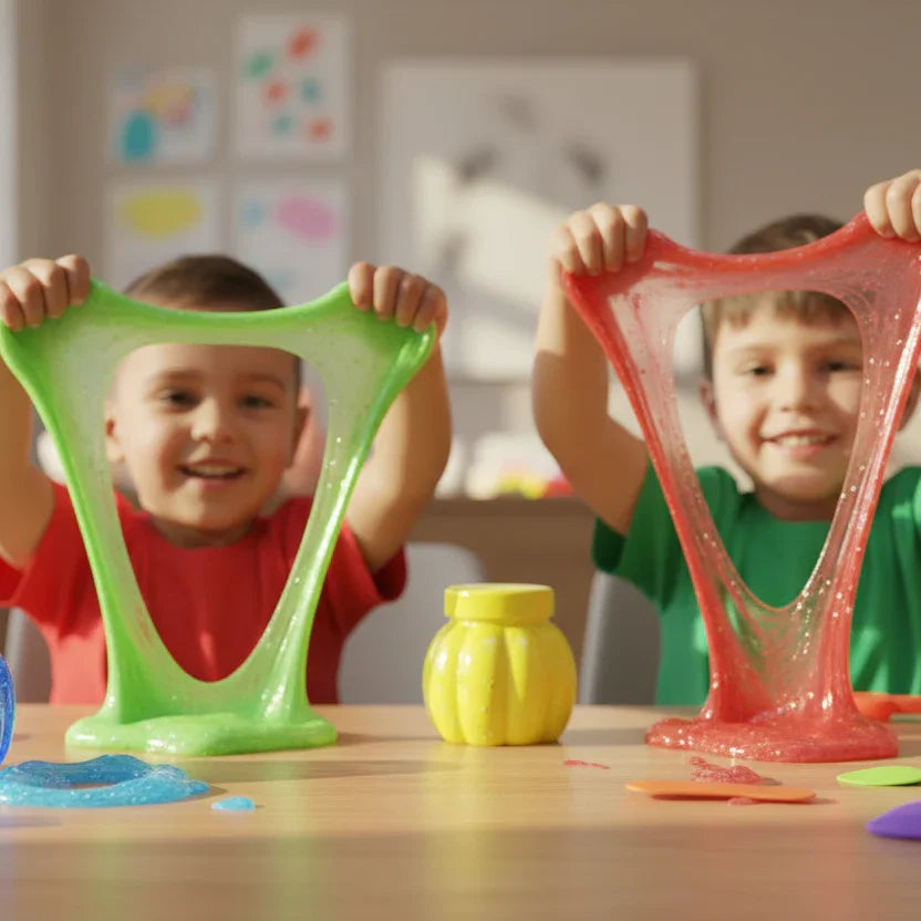Kids playing with colorful slime toys and craft supplies at a table