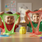 Kids playing with colorful slime toys and craft supplies at a table