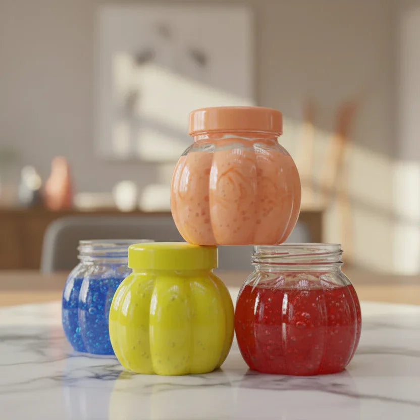 Four colorful pumpkin-shaped jars with yellow, orange, blue, and red slime on a table