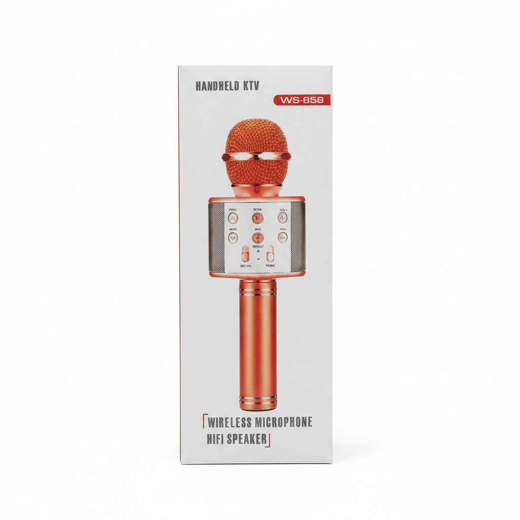 A handheld KTV wireless microphone and speaker set in its retail packaging, featuring a metallic gold and orange microphone design on white boxes.
