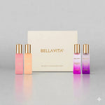Bellavita women perfume set with four colorful fragrance bottles and gift box on gray background