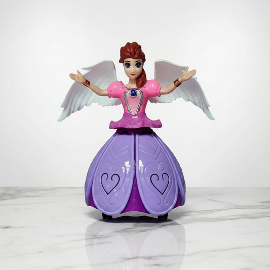 A toy figurine of a winged female character with red hair, wearing a pink top and purple skirt, posed on a white circular platform against a light gray background.